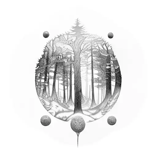 A Mystical Forest Landscape Tattoo With Hidden Energy Orbs Representing Souls Of Living Beings