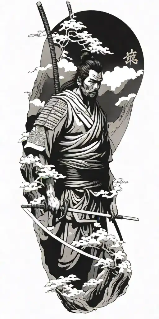 Samurai Warrior Looking Down In A Japanese Culture In The Montains