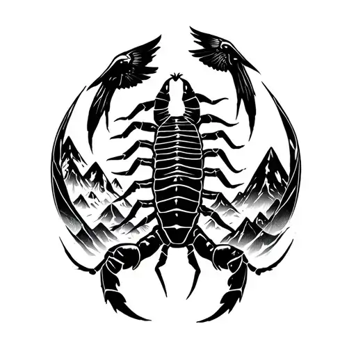 Scorpion And Mountains Starts And Birds