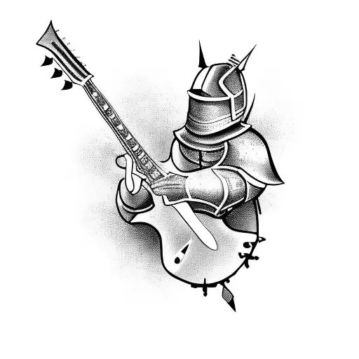 A Blackwork Tattoo Of A Knight In Shining Armor Playing A Bass Guitar