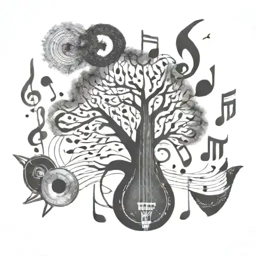 Tree Growing Made Of Musical Instrumentos With Notes Flowting