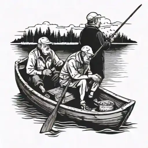 Grandpa And Grandson Fishing In A Row Boat Facing Away
