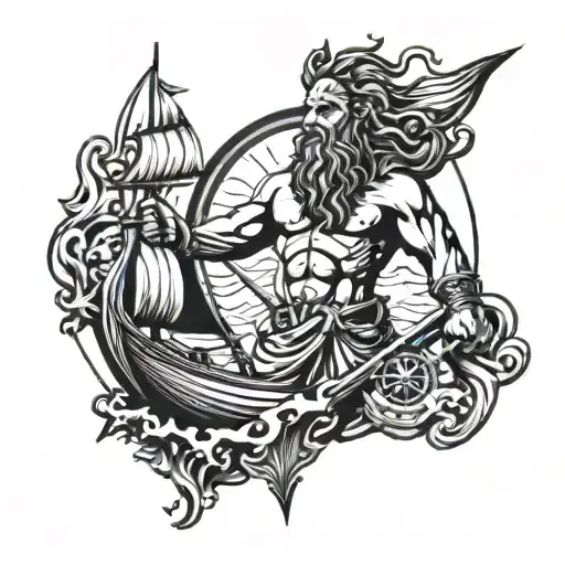 Poseidon And His Trident With A Compass And A Boat