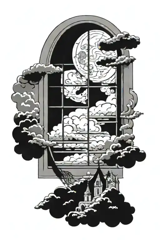 Window With Moon And Fluffy Clouds