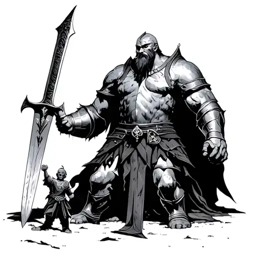 Slain Giant Knight With Broken Sword And A Small Frail Warrior Standing Triumphant Over His Foe