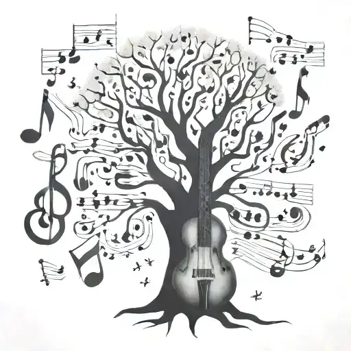 Tree Growing Made Of Musical Instrumentos With Notes Flowting