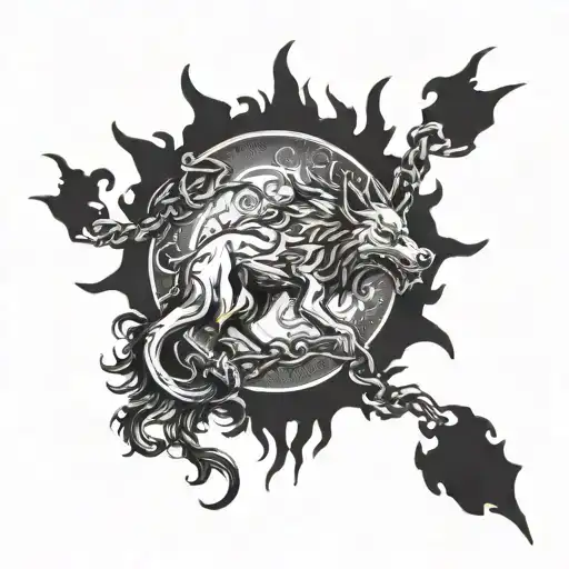 Fenrir Chained To Yggdrasil Biting The Sun