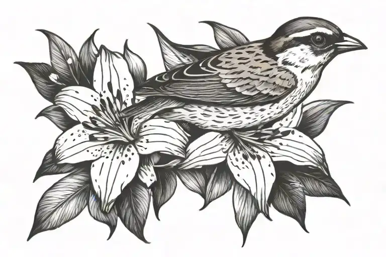 Sparrow With Lily Flower
