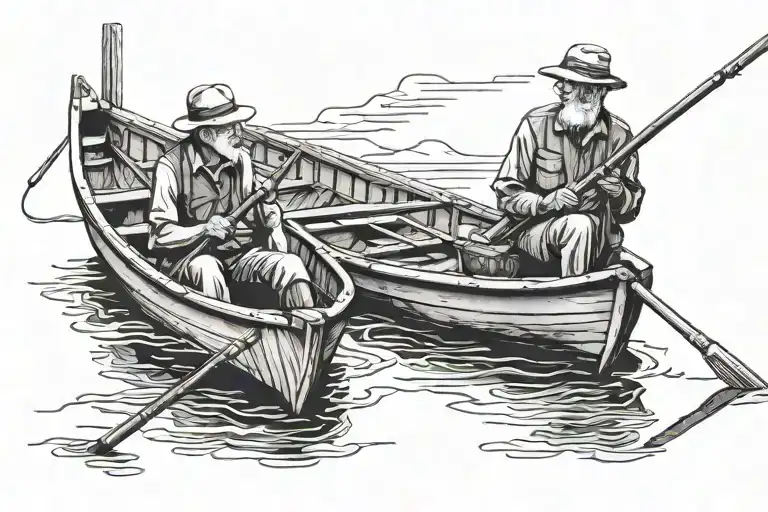 Grandpa And Grandson Fishing In A Row Boat Facing Away