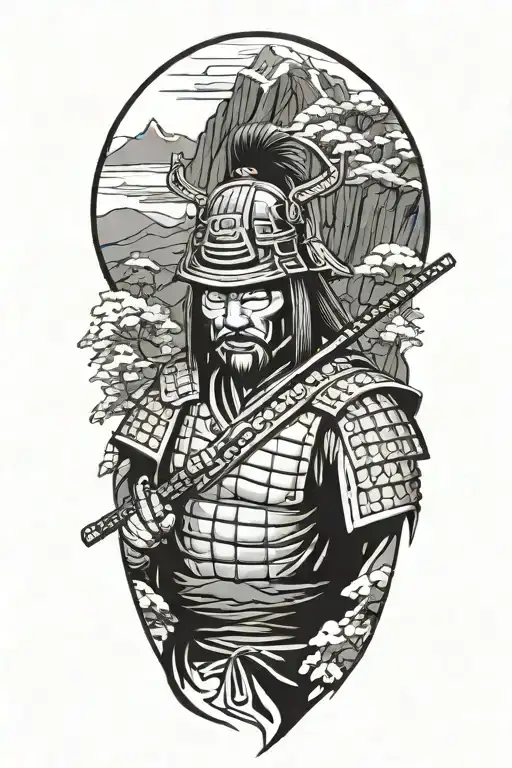 Samurai Warrior Looking Down In A Japanese Culture In The Montains