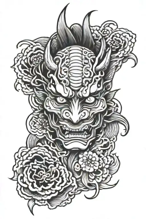 Hannya Mask Surrounded Koi Fish Swimming Alongside