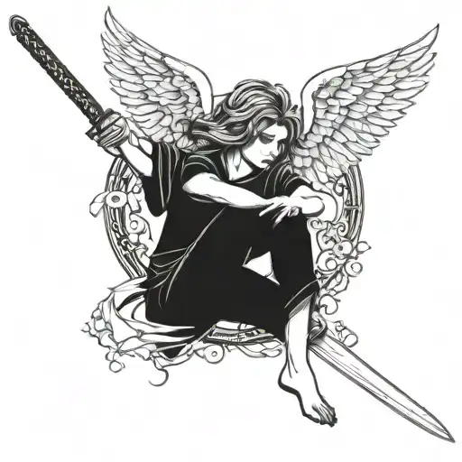 Angel Girl With Wings Cutting Man's Belly With Katana Sword