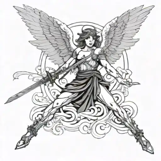 Angel Girl With Wings Staying On Top Of The Man And Cutting Man's Belly With Katana Sword