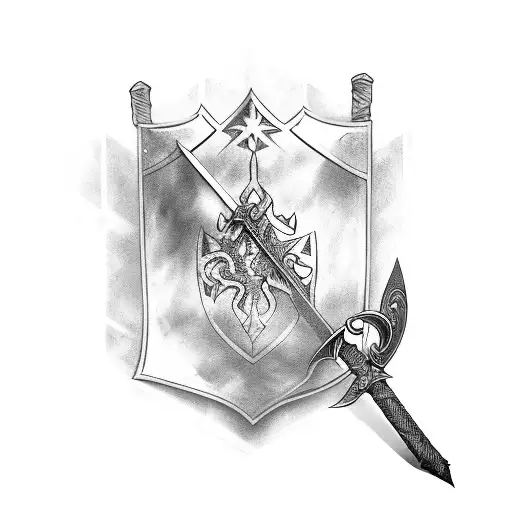 Shield With Sword And Staff Behind And Banner Above