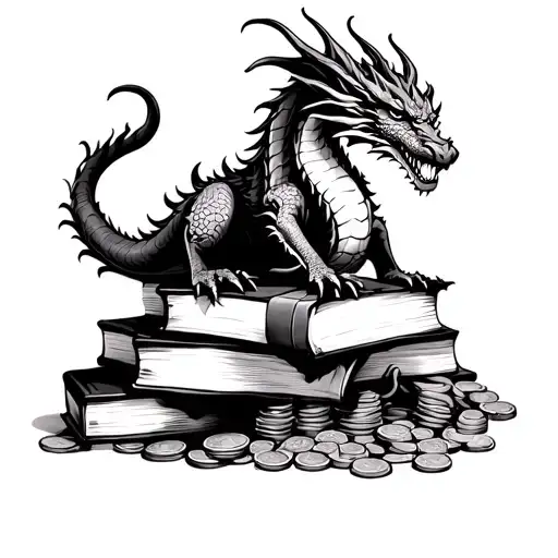 Dragon On Piles Of Books And Coins