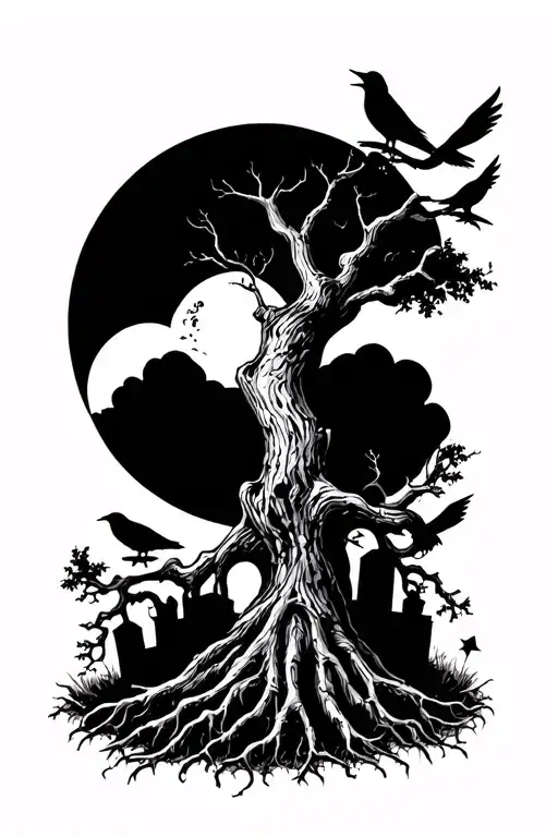 Tree With Crows And Moon Graveyard Scene Scull Roots