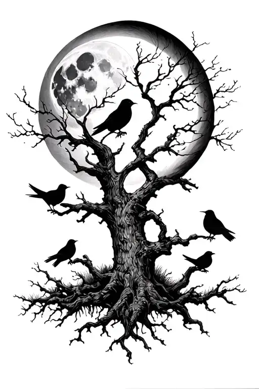 Tree With Crows And Moon Graveyard Scene
