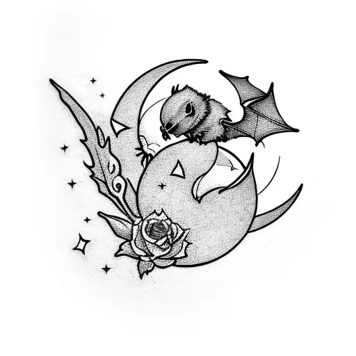 Crescent Moon With Bats And Rose Petals