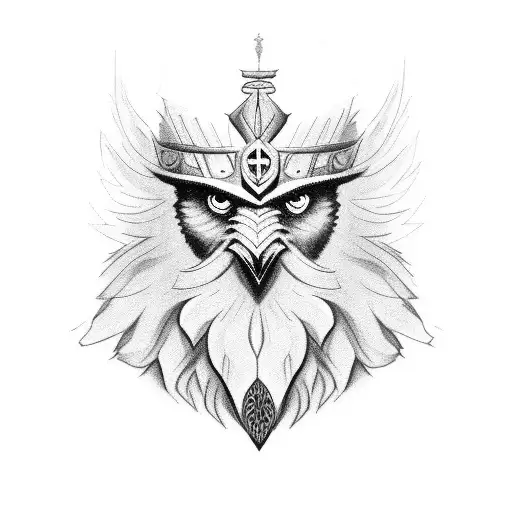 Black & White Odin Bearded Face With One Raven On Each Side