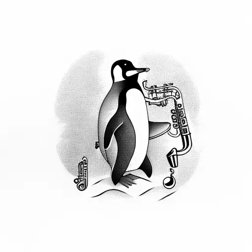 A Penguin Playing A Saxophone Underwater Surrounded By Musical Notes
