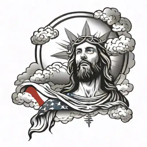 Lighting Inside Clouds With Jesus And An American Flag