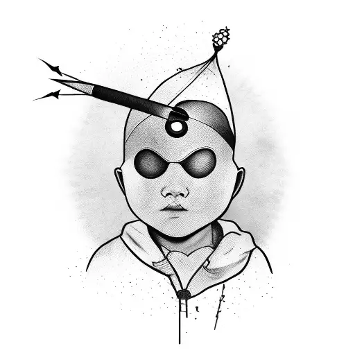 Blindfolded Kid With Apple On His Head And Arrow Shot Through His Forehead