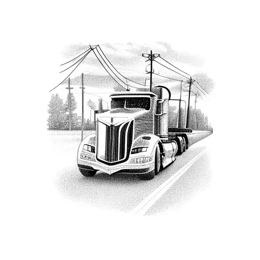 Semi Truck Driving Down Farm Country With Power Lines