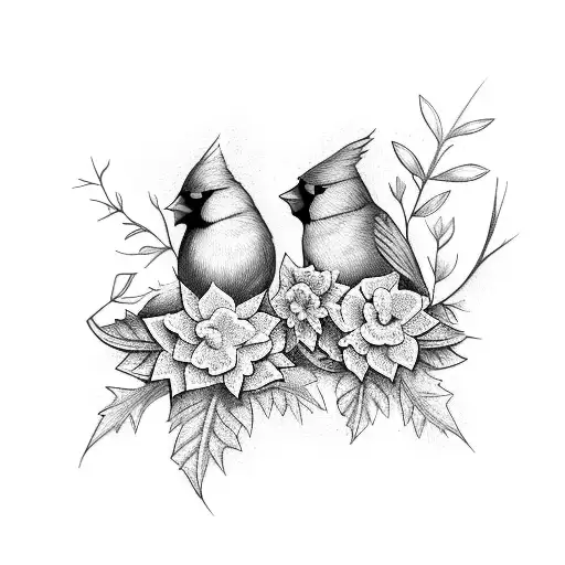 Two Cardinals Sitting On A Vine With September And October Flowers Wrap Around
