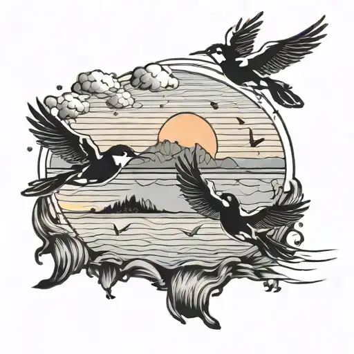 Small Birds Over Water With A Sunset