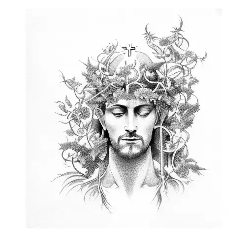 A Stunning Watercolor Painting Of A Religious Figure Surrounded By Plants And Vines