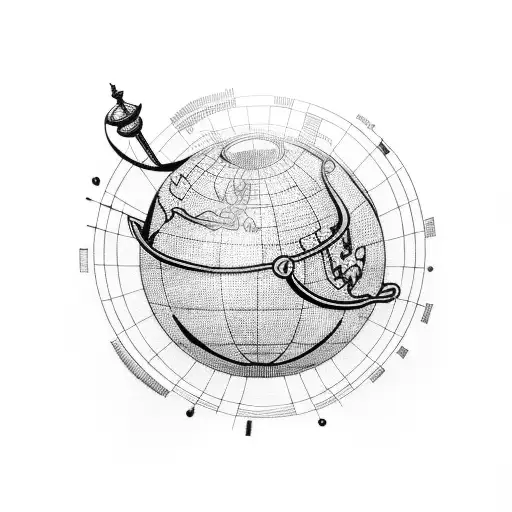 A Blackwork Tattoo Of A Globe With Musical Staff Lines Wrapping Around It