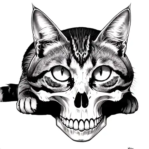 Cat Resting Over A Skull
