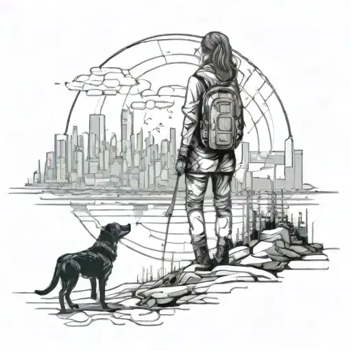 Futuristic Apocolypse Scenery With A Women And Her Dog Standing Facing The City