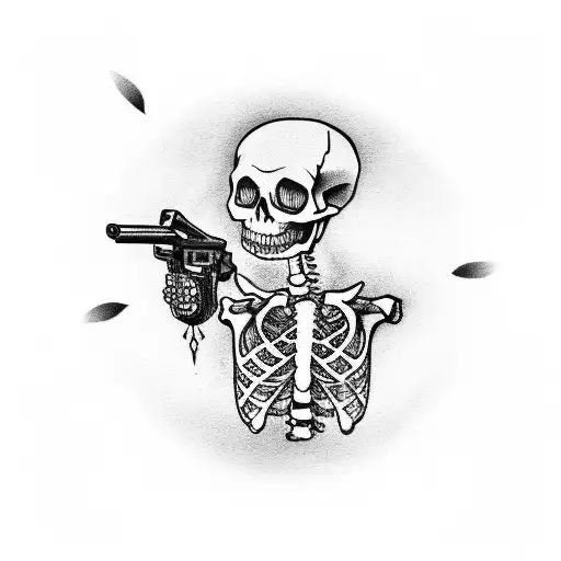 Skeleton In Suit Shooting Self With Gun Flowers For Blood