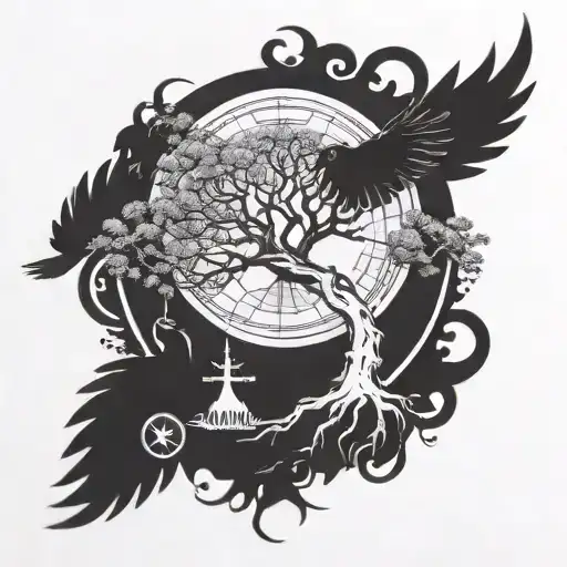 Tree Of Life With A Broken Compass And A Phoenix Rising