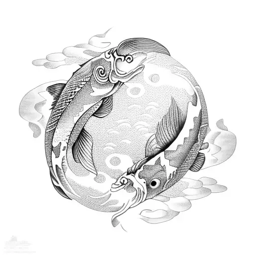 Koi Fish Form Ying Yang With Clouds Around