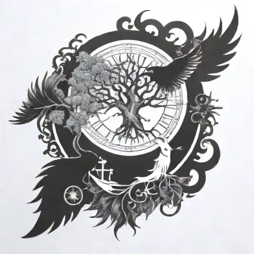 Tree Of Life With A Broken Compass And A Phoenix Rising