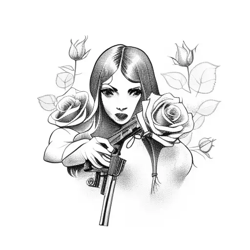 A Girl Holding A Rifle With Roses In Her Background