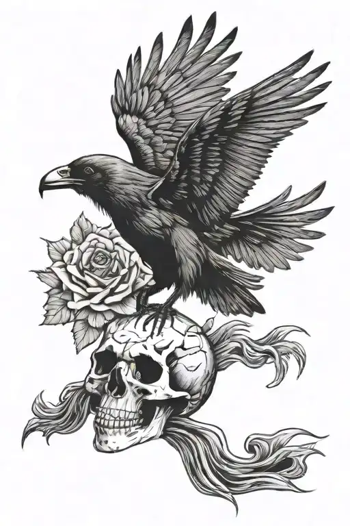 Crow Open Wings Holding A Skull