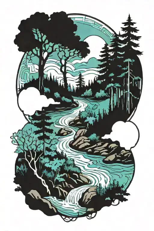 A Mystical Forest Scene With A Turquoise River Running Through It