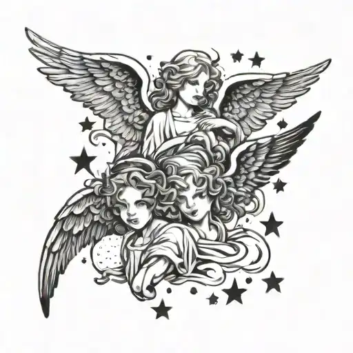 A Mix Of Angels With Clouds In The Background And Some Scattered Stars