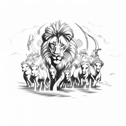 A Heroic Fantasy Scene With A Lion Leading A Pack Of Horses Into Battle