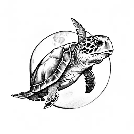 Sea Turtle With An Oak Tree And Wolf Bowling At The Moon