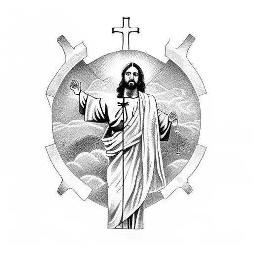 Jesus On Cross With Sky Above And Dark Demon Grave Yard Below