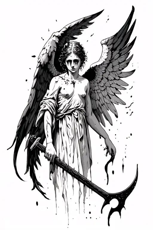Gaurdian Angel With A Broken Wing Holding A Crowbar With Tears From The Left Eye