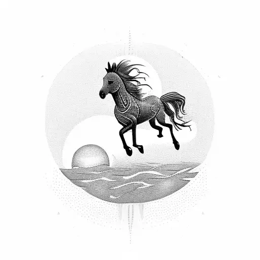 A Mystical Dotwork Design Of A Horse Running Towards The Setting Sun