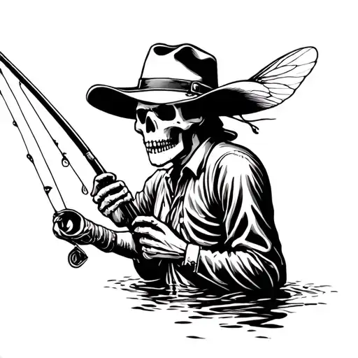 Skeleton Fly Fisherman With A Cowboy Hat Holding A Fly Fishing Rod
