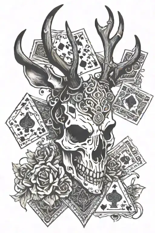 Deer Skull With Horns And Playing Cards