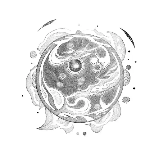 A Blackwork Tattoo Of A Planet With Intricate Floral Patterns Orbiting Around It