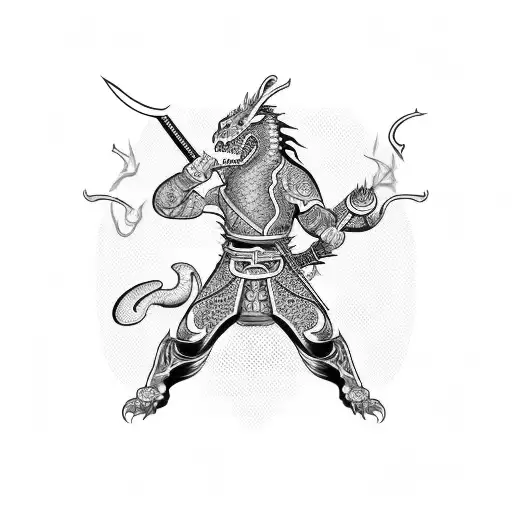 Katana And Dragon Around It